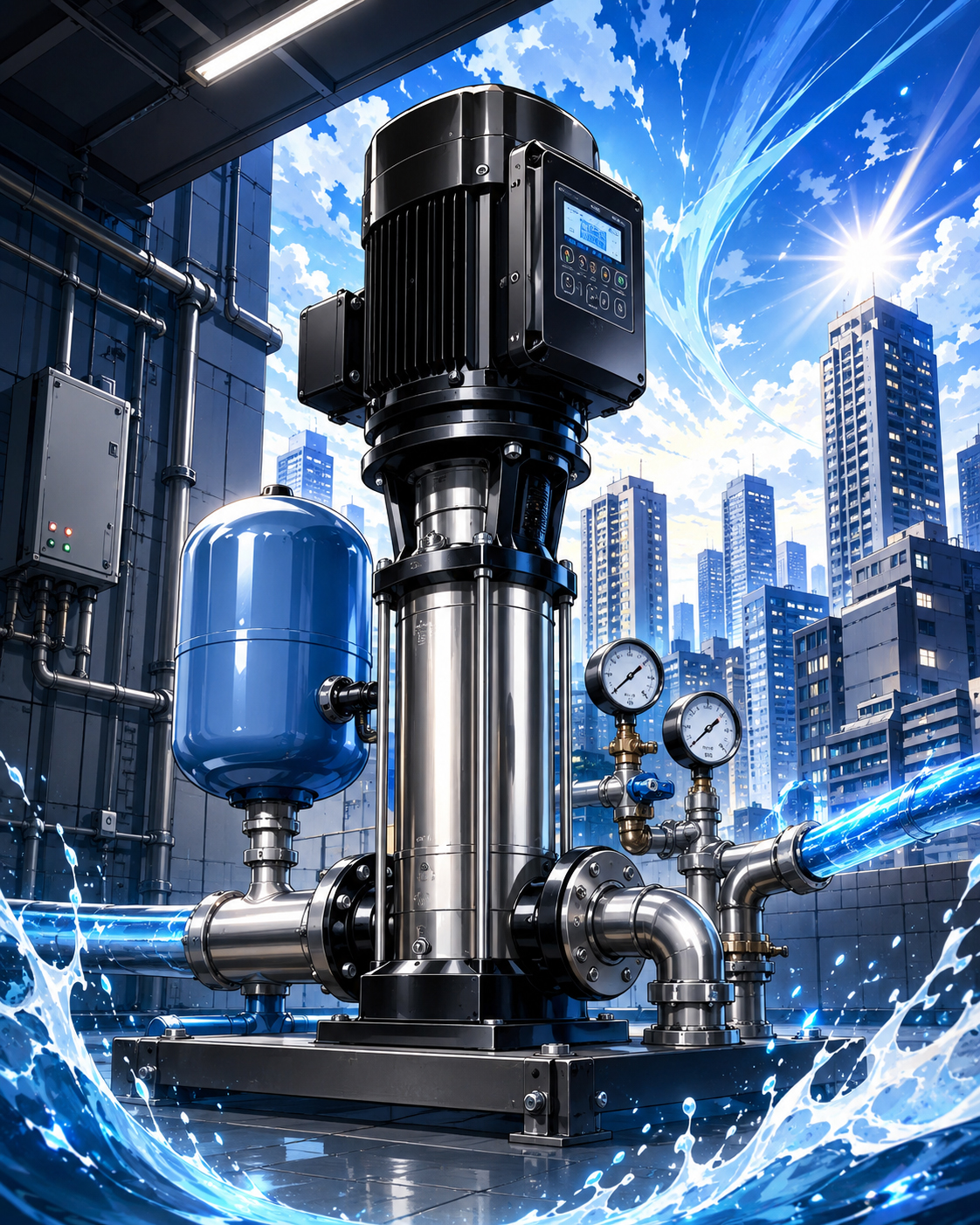 Booster pump hero scene in a city pressure system
