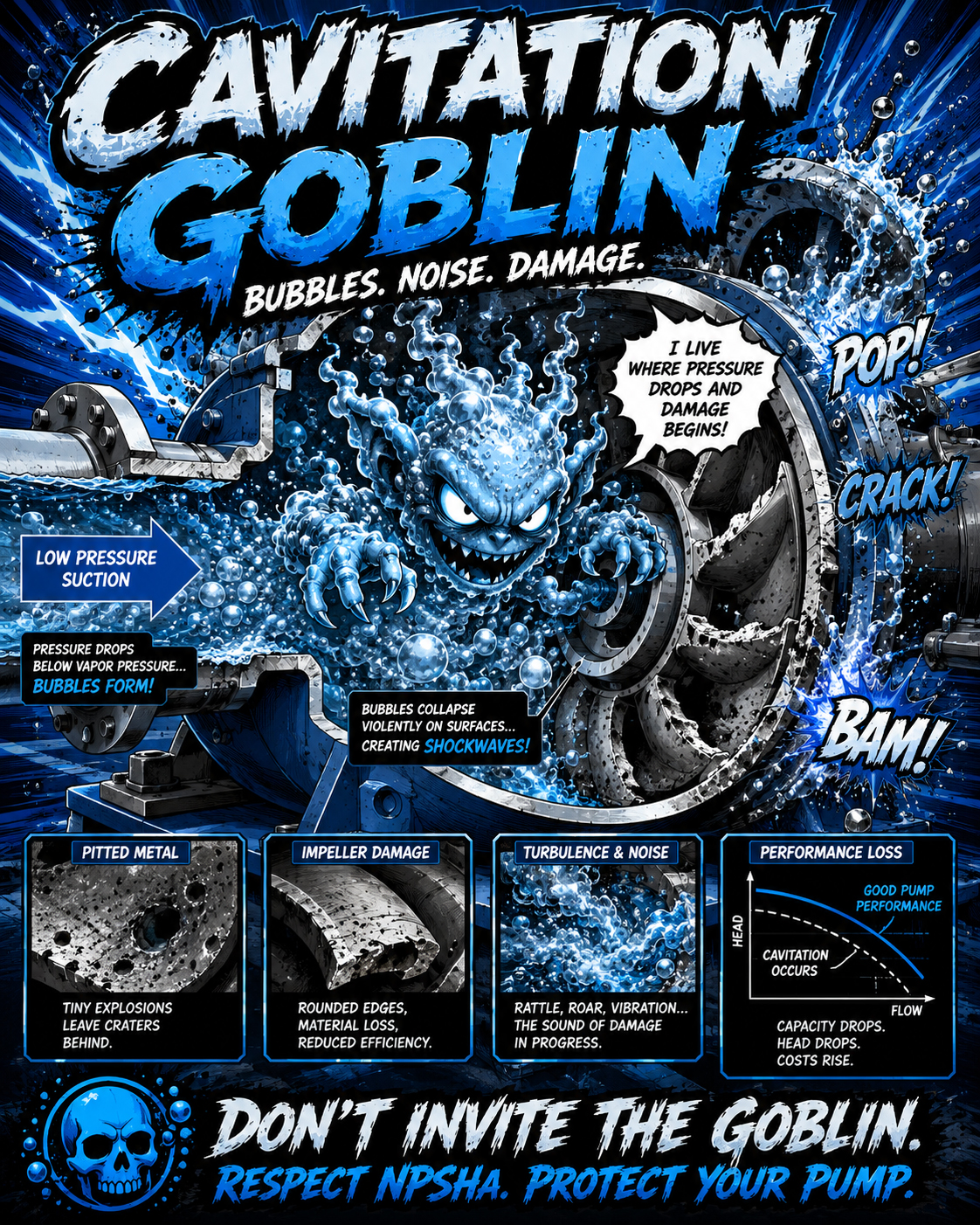 Cavitation goblin damaging a pump with bubbles and turbulence