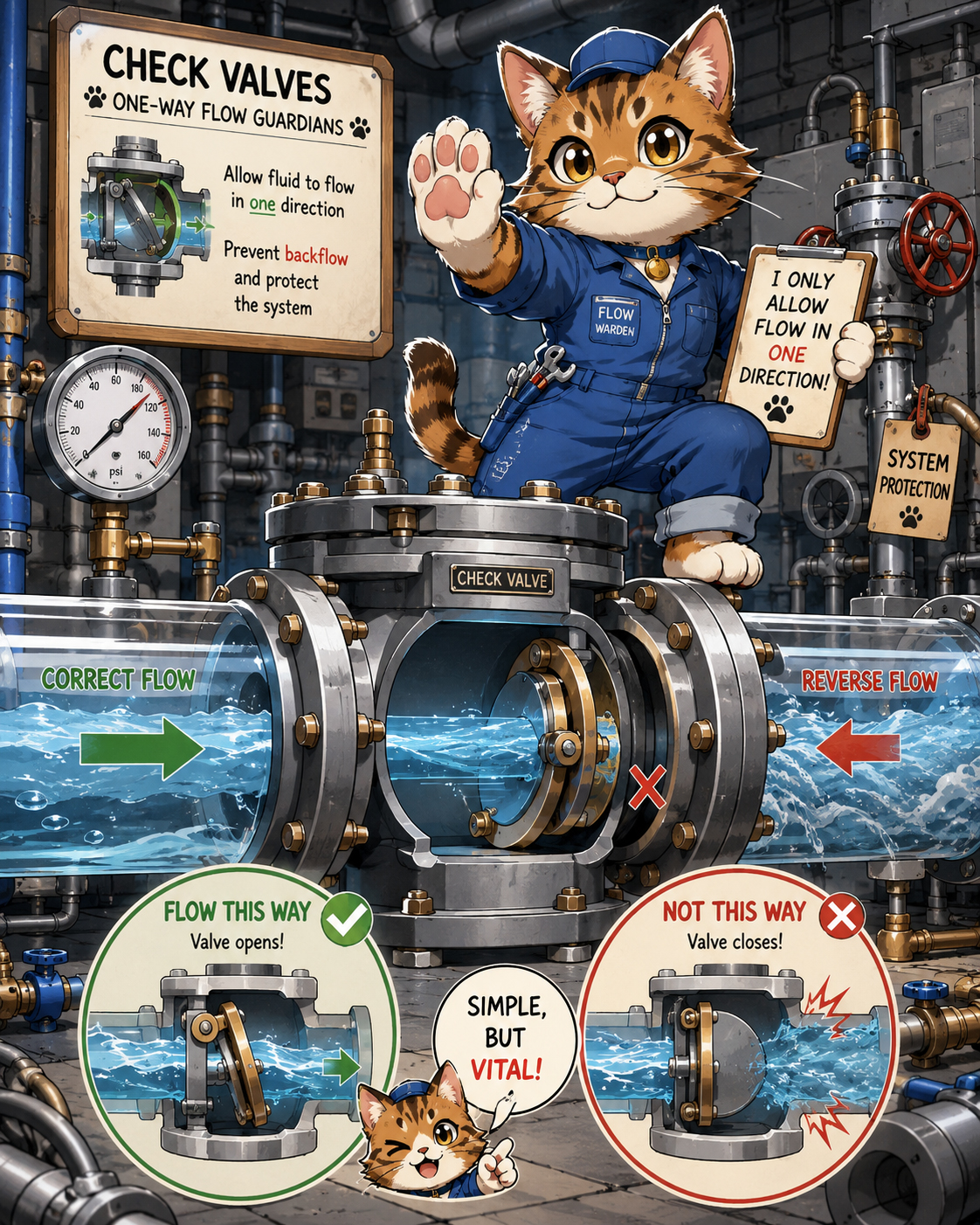 Check Valve Cat guarding flow direction in a pressure system