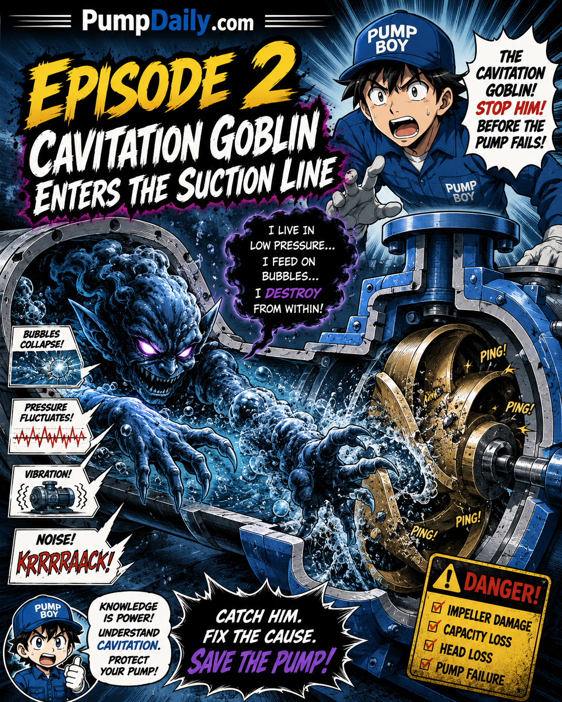 Episode 2 cover showing the Cavitation Goblin entering the suction line