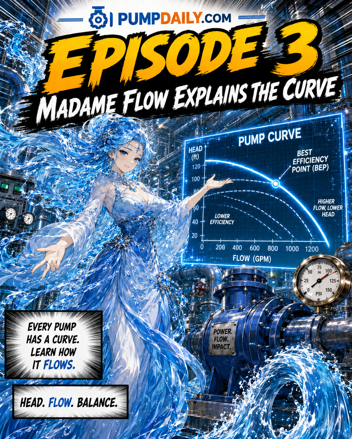 Episode 3 cover showing Madame Flow explaining the pump curve