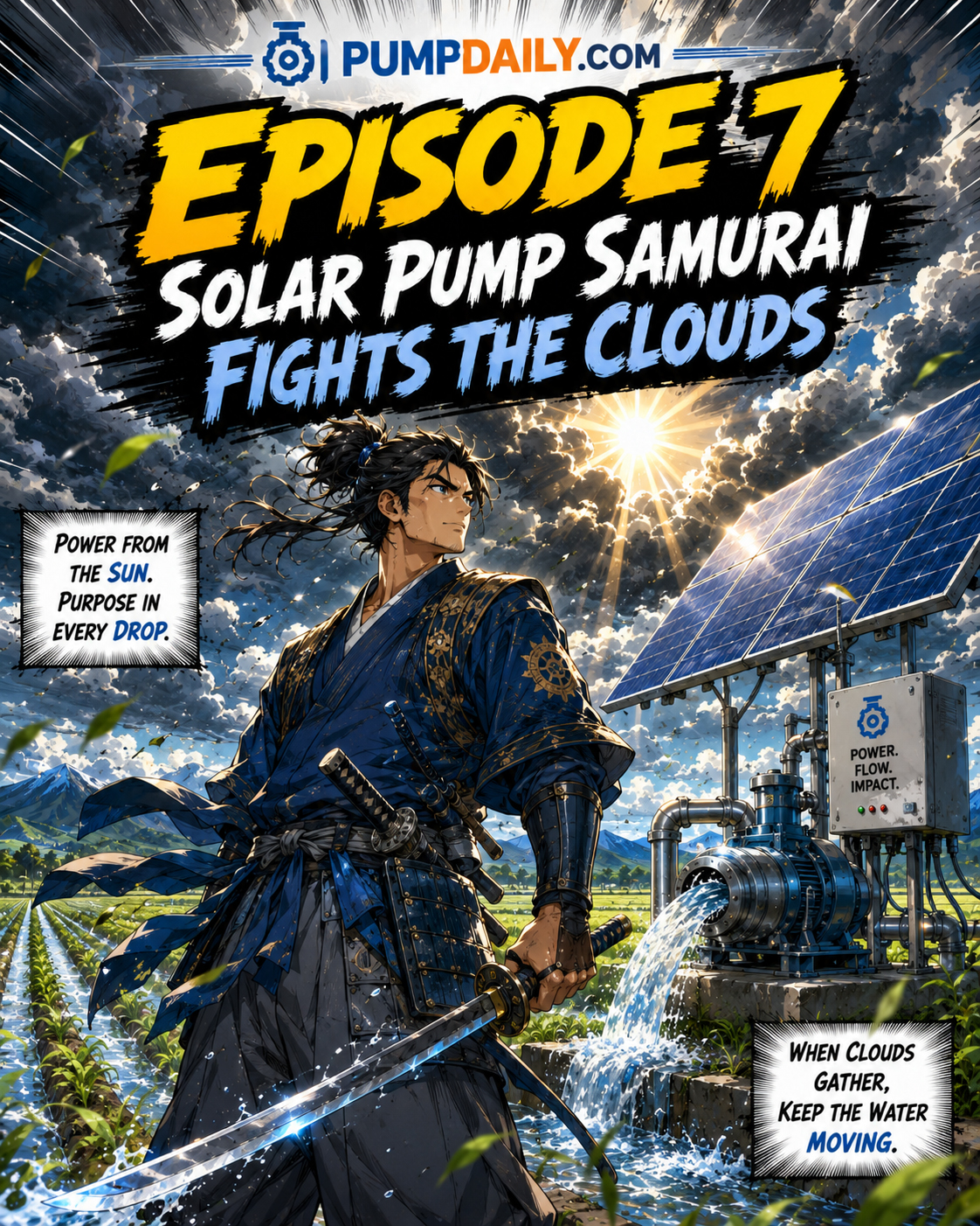 Solar Pump Samurai fighting clouds over a solar pump system