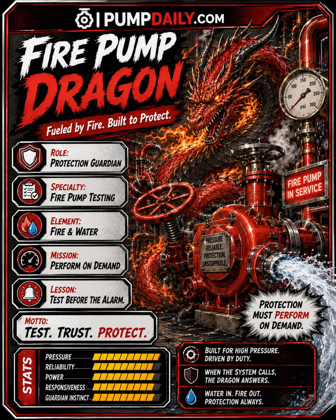Fire Pump Dragon character card showing the guardian of fire pump testing and life-safety systems