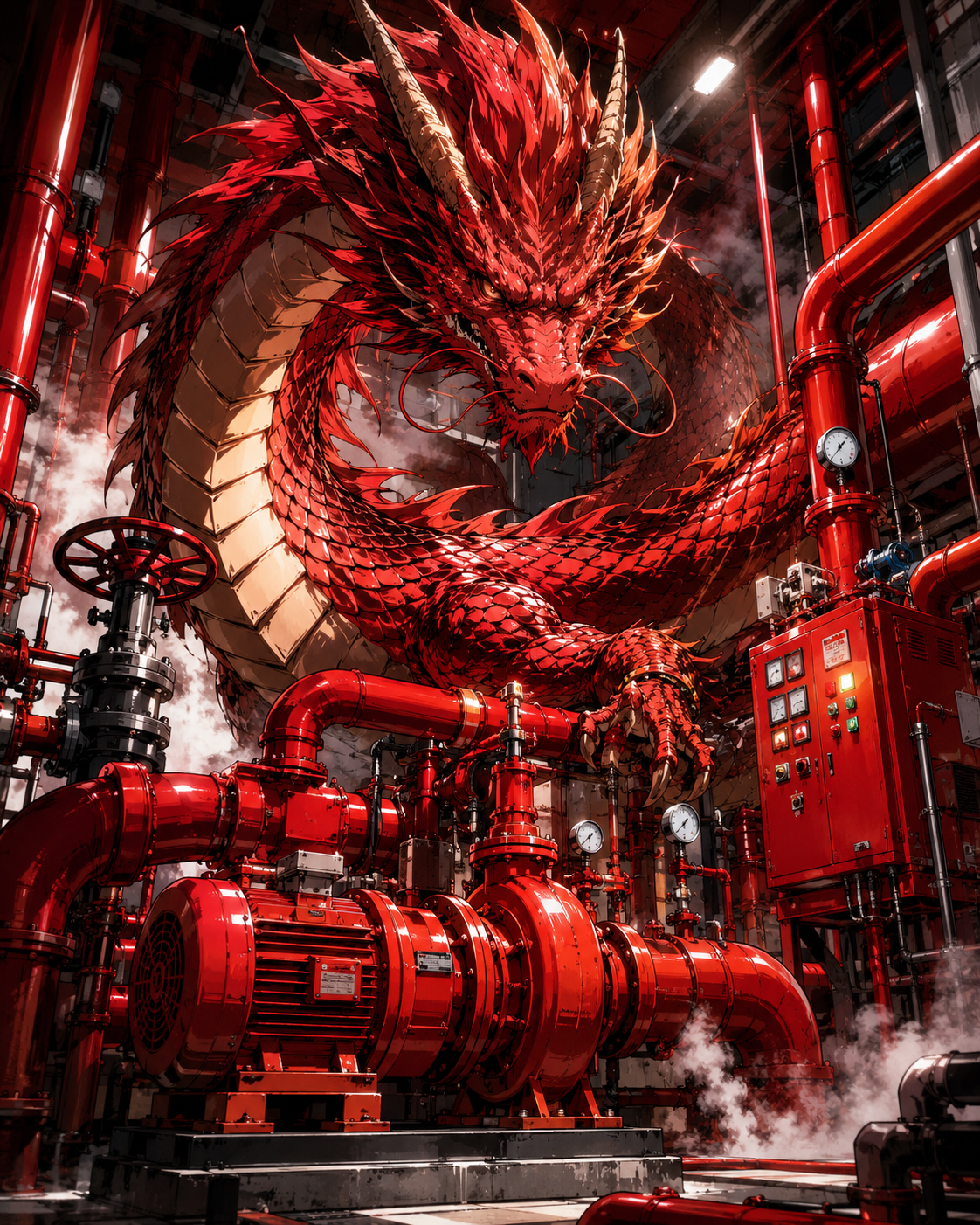 Fire Pump Dragon inside a red industrial fire pump room