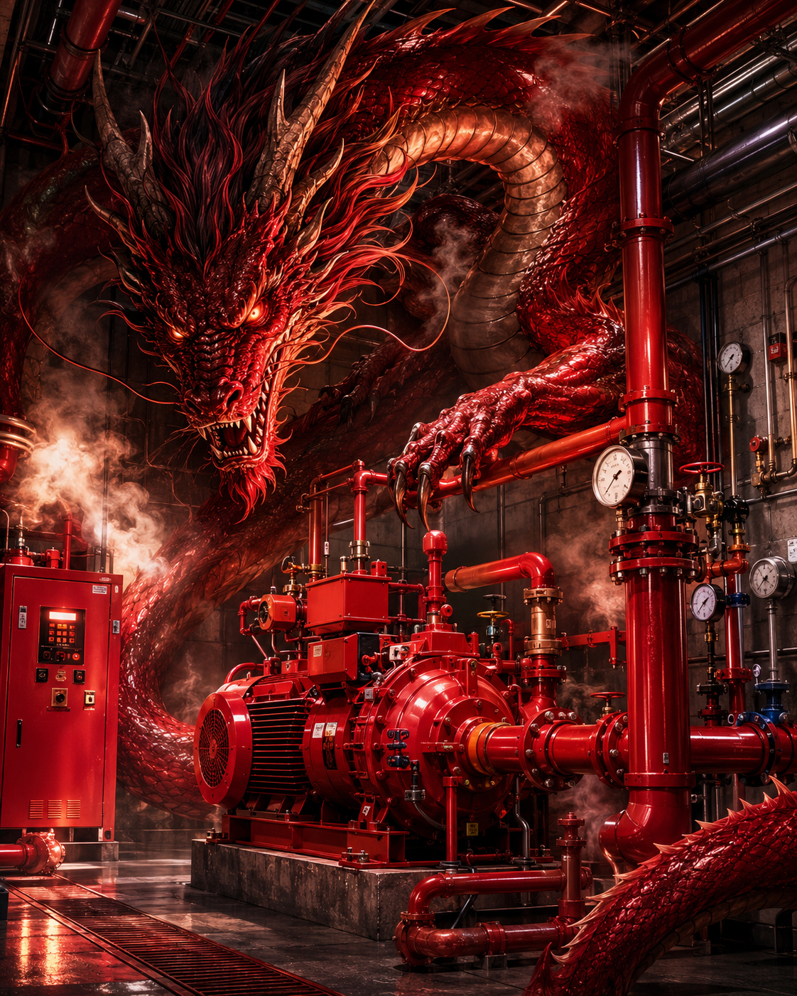 Fire pump room with a red dragon and code-heavy equipment