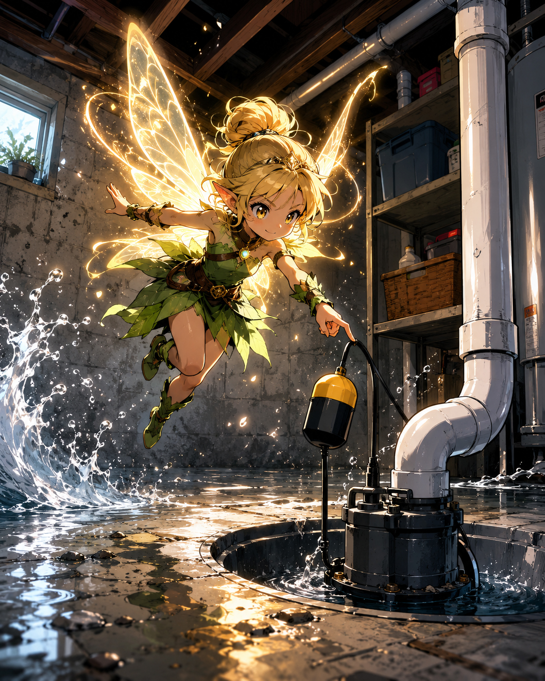 Float Switch Fairy above a sump pump basin