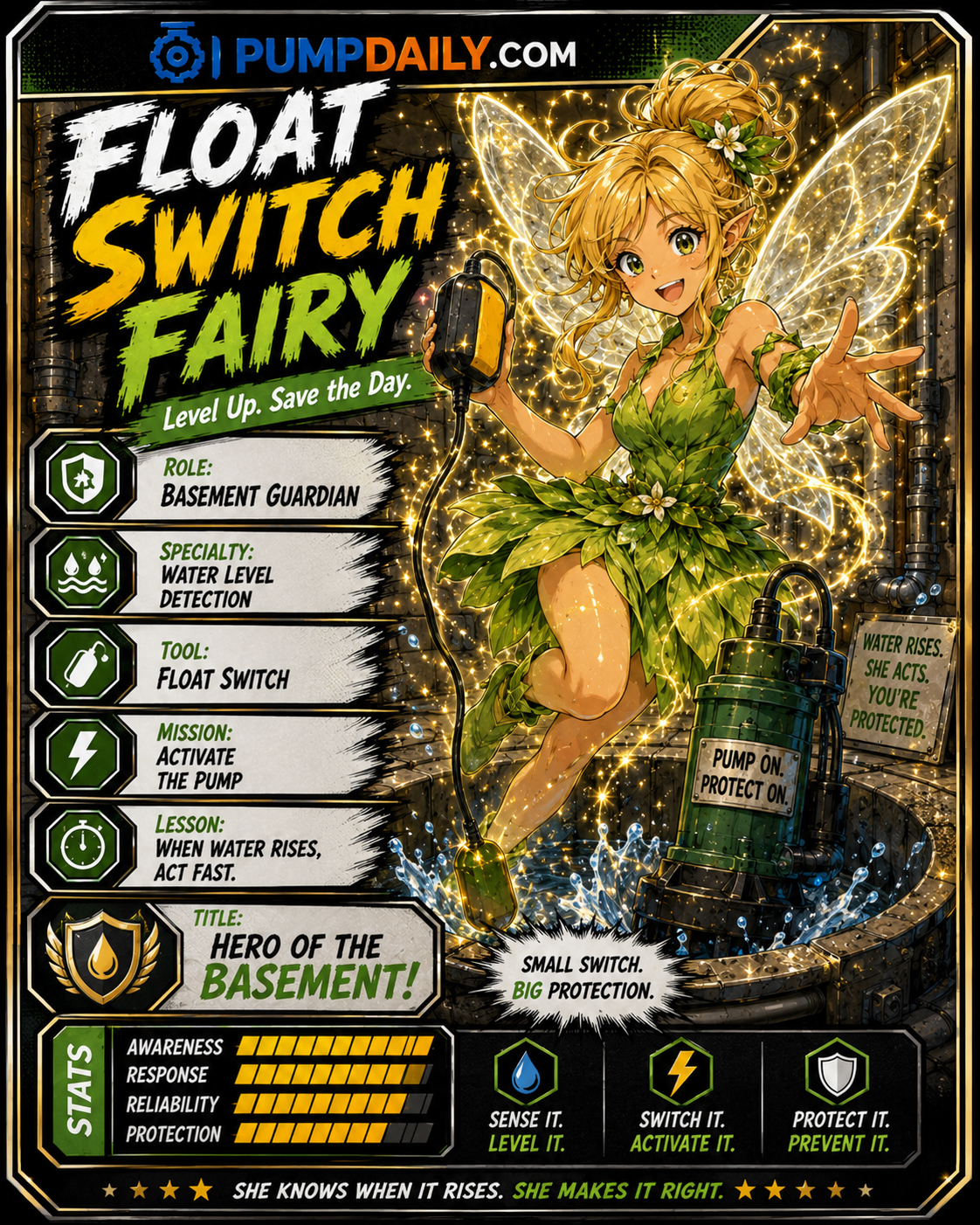 Float Switch Fairy character card showing the guardian of sump pump water levels