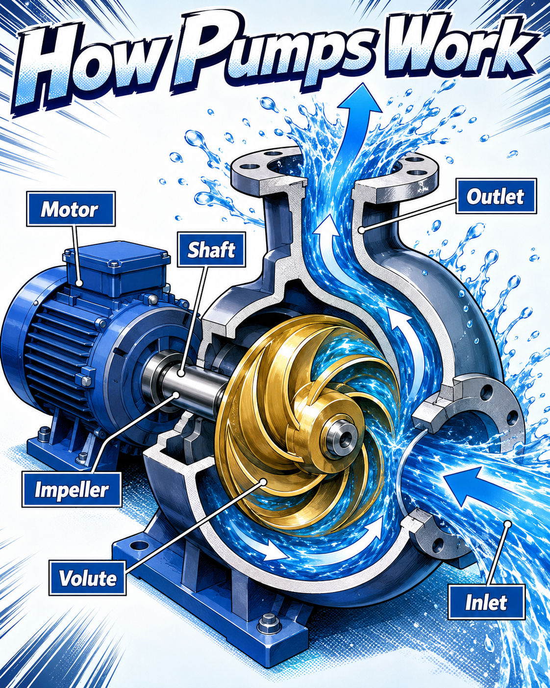 Cutaway manga view of a spinning pump impeller