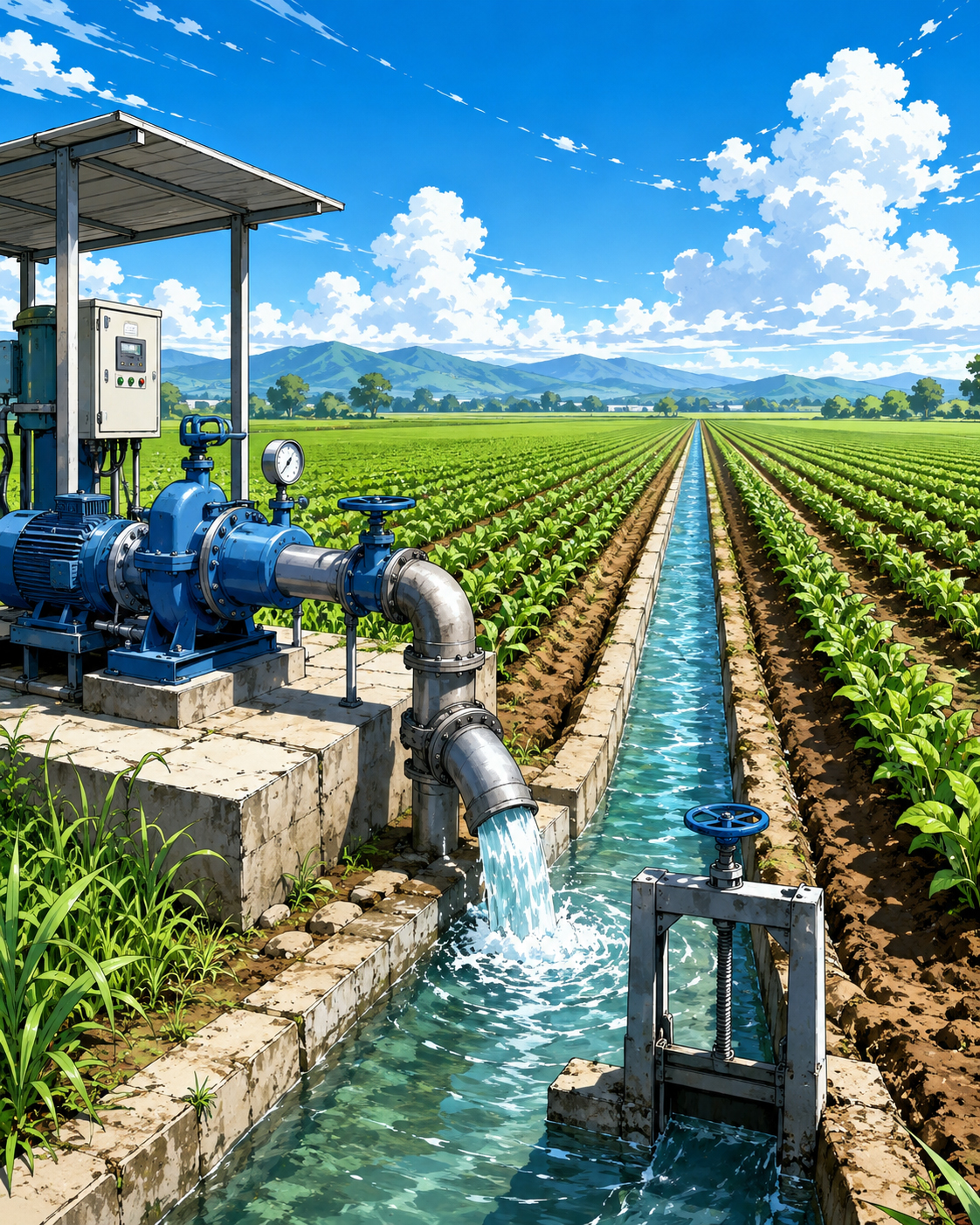 Irrigation pump field lines distributing water
