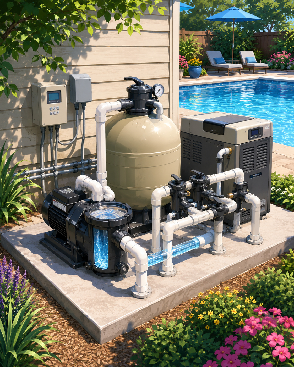 Sunny pool equipment pad with pump and plumbing