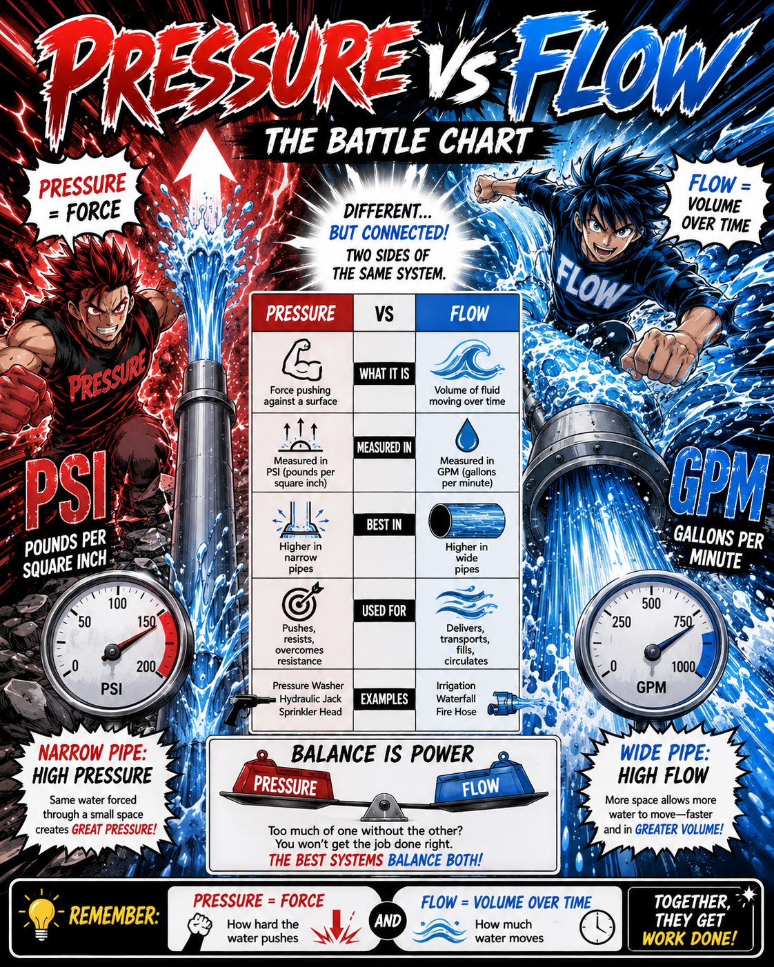 Pressure versus flow shown as a manga battle chart