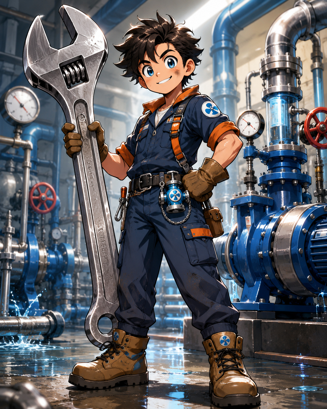 Pump Boy holding a giant wrench in a dramatic pump room