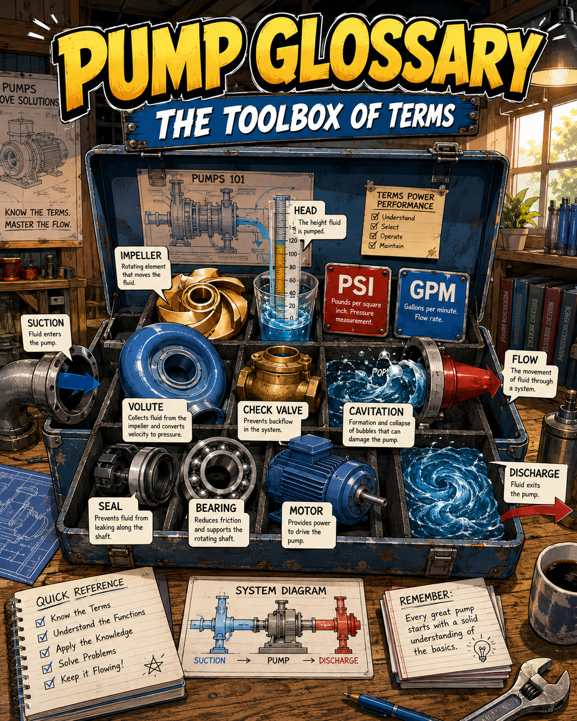 Pump glossary toolbox with manga-style pump terms and labels