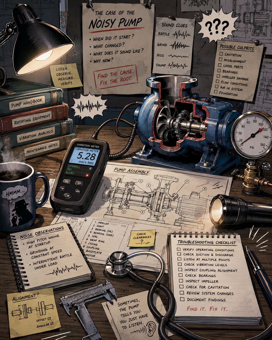 Pump troubleshooting desk with gauges and notes