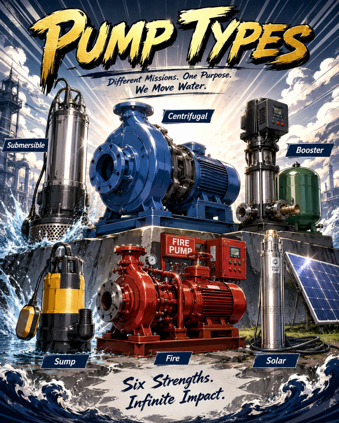 Family portrait of different pump types in manga style