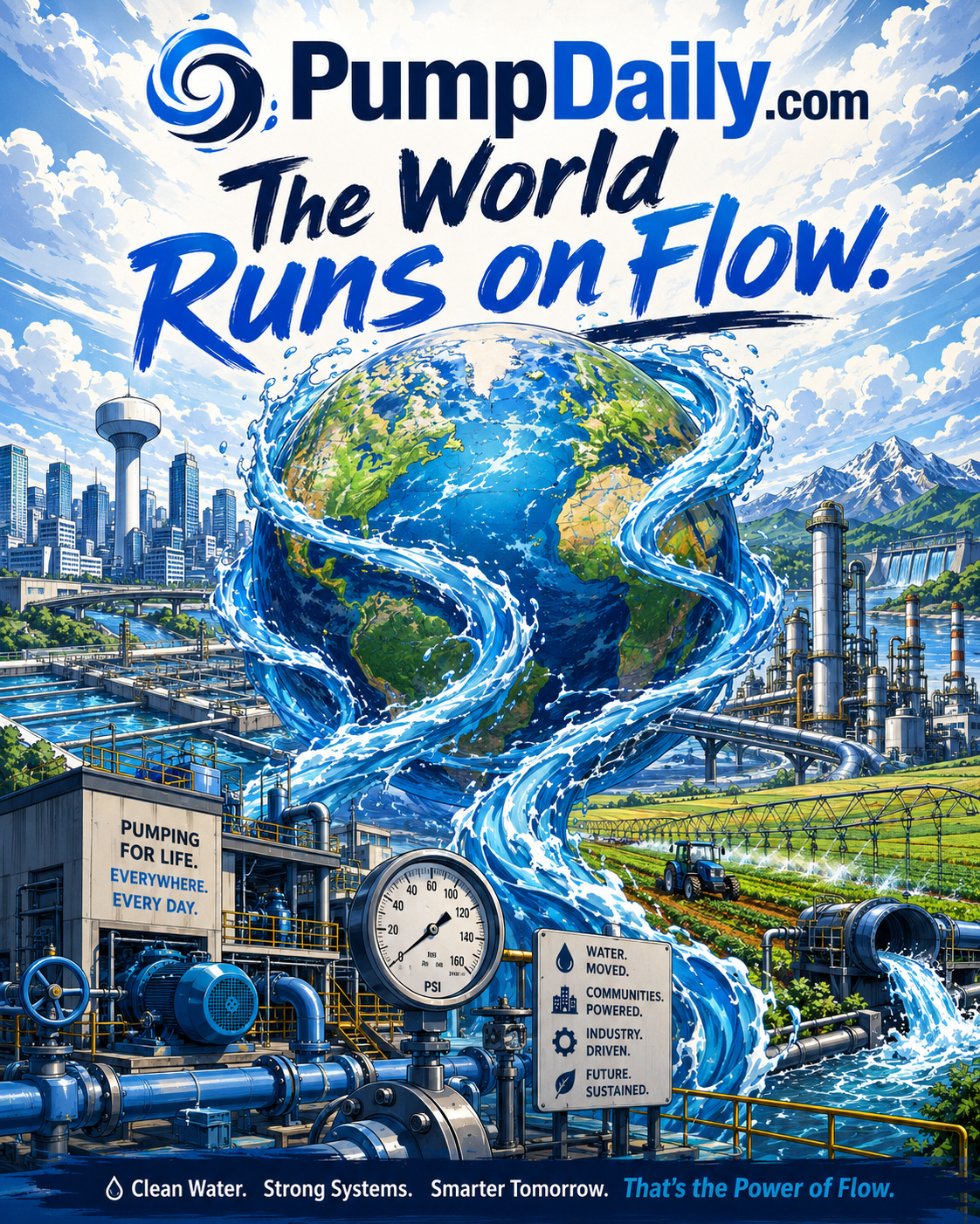 World of pumps and water flow shown as a colorful manga-style industrial landscape