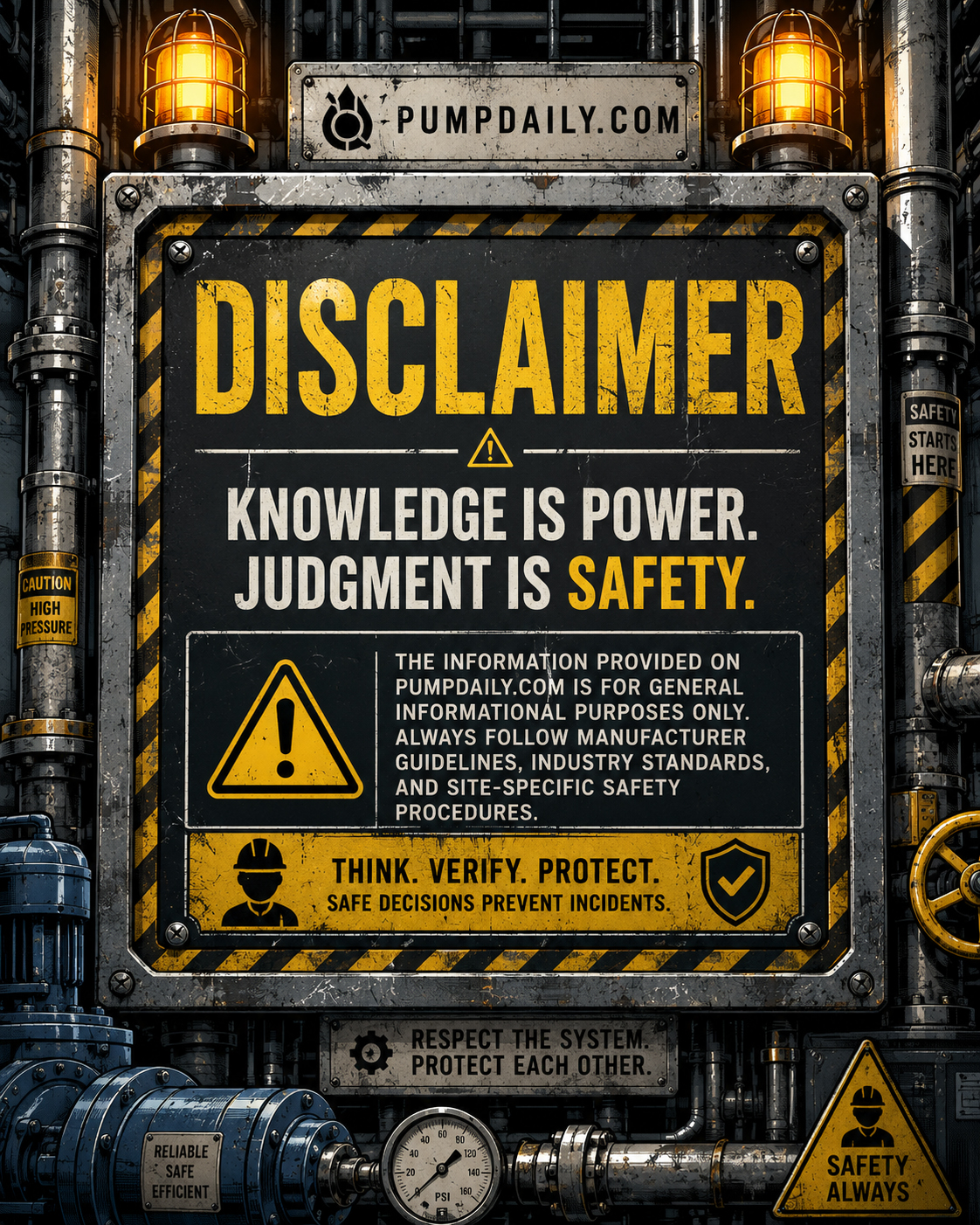 PumpDaily warning panel with industrial pump safety symbols