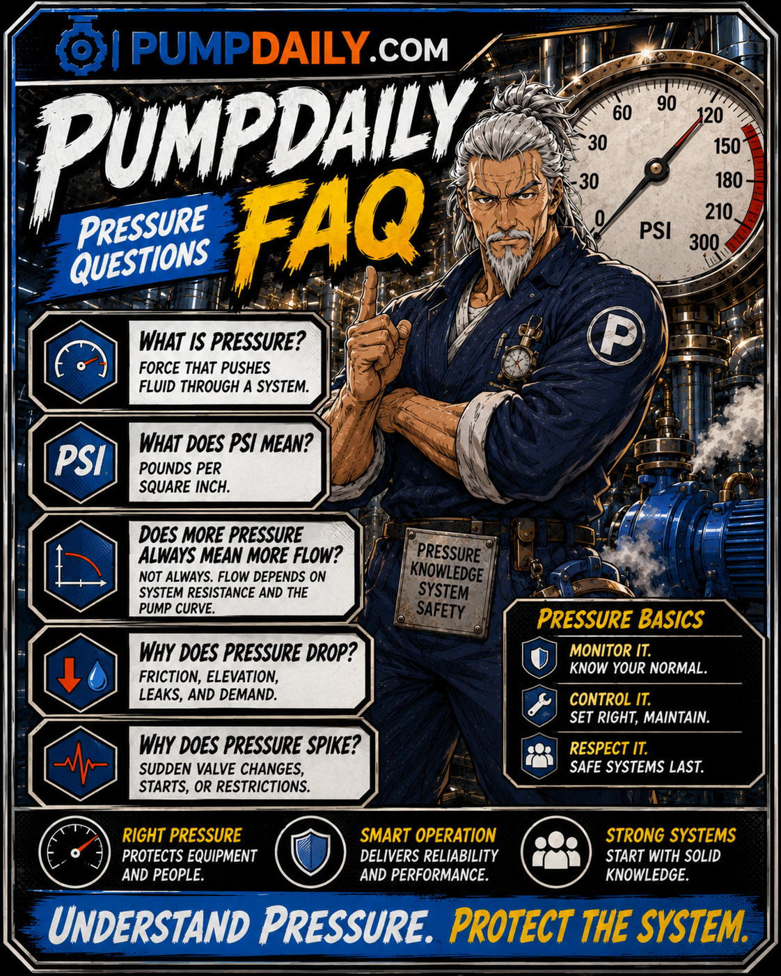 PumpDaily FAQ image with pressure questions, gauges, and pump-room notes