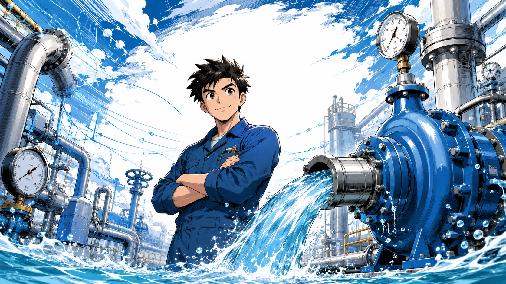 Manga-style PumpDaily hero scene with pumps, flowing water, pressure gauges, and dramatic industrial energy