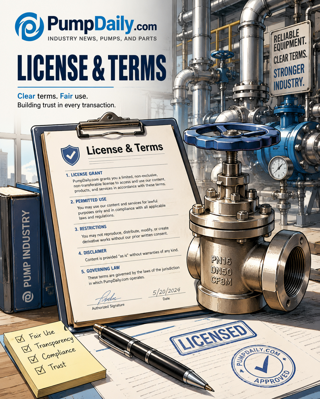 PumpDaily license paperwork beside valves and pump-room documents