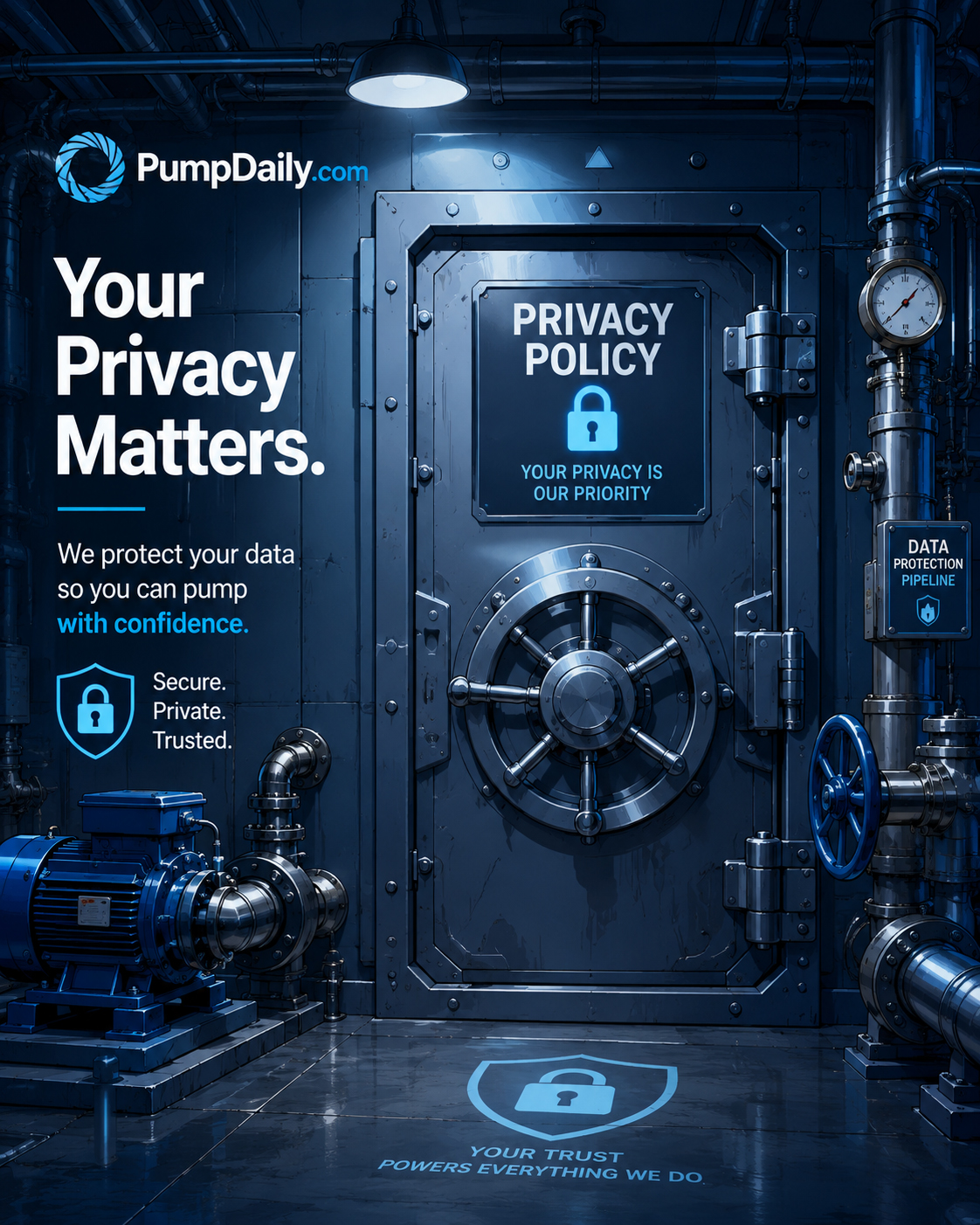 PumpDaily privacy image showing a locked pipe room and secure data concept
