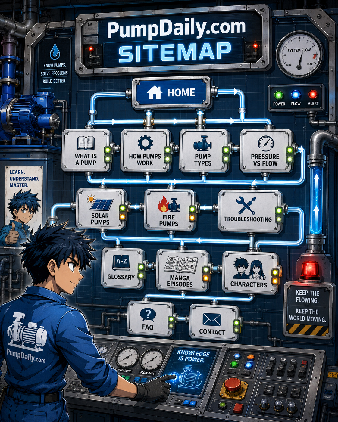 PumpDaily sitemap control board with organized page links and pump-room navigation