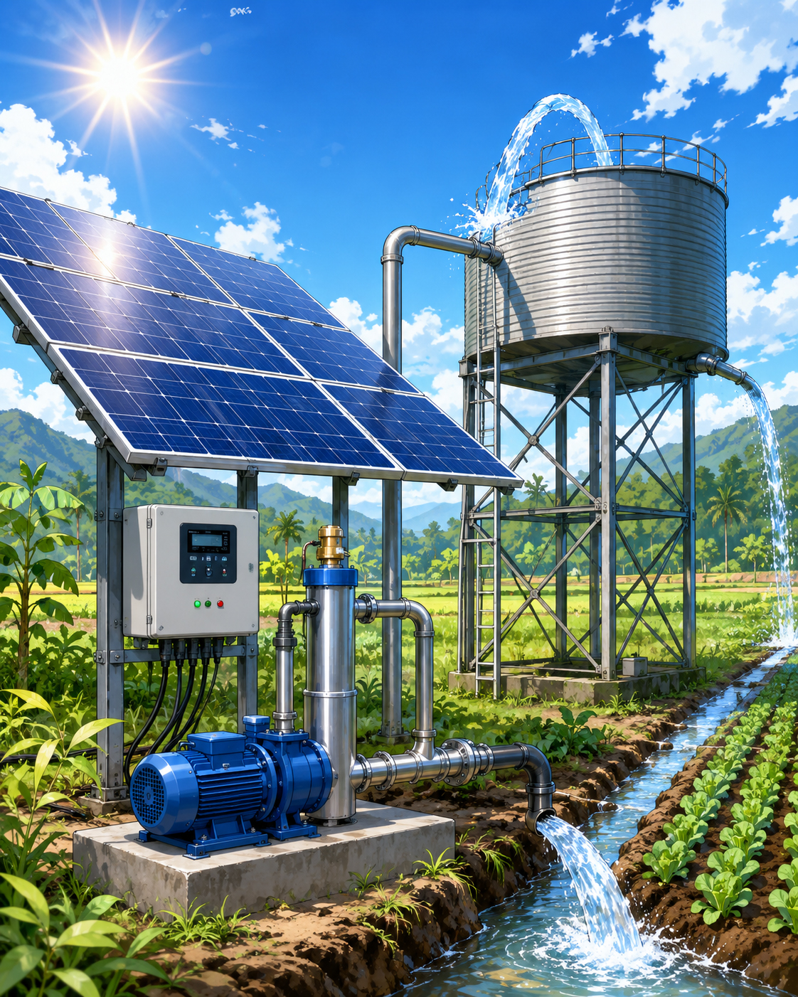 Solar panels powering a pump and water tank in a sunny field