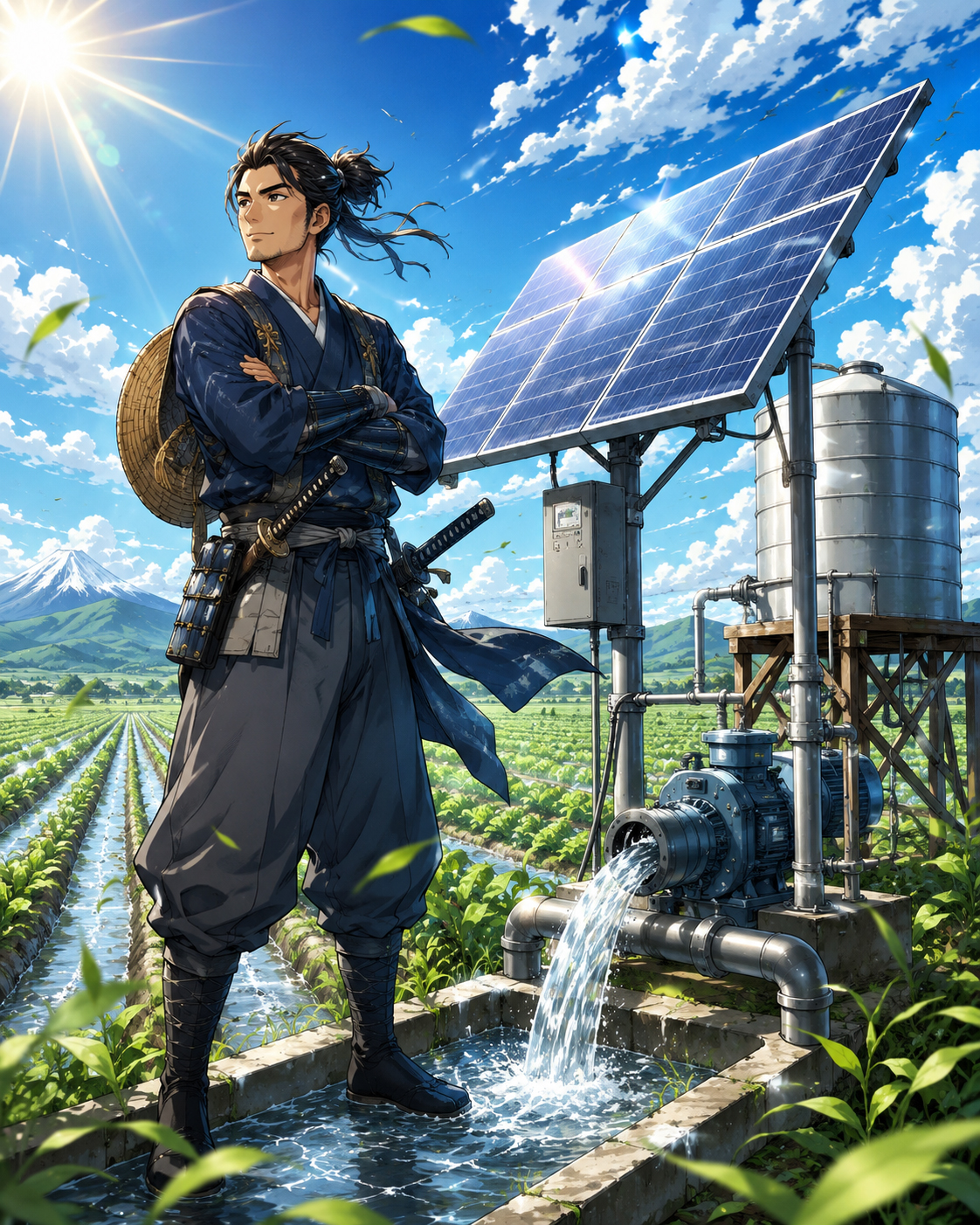 Solar Pump Samurai in an irrigation field with solar panels