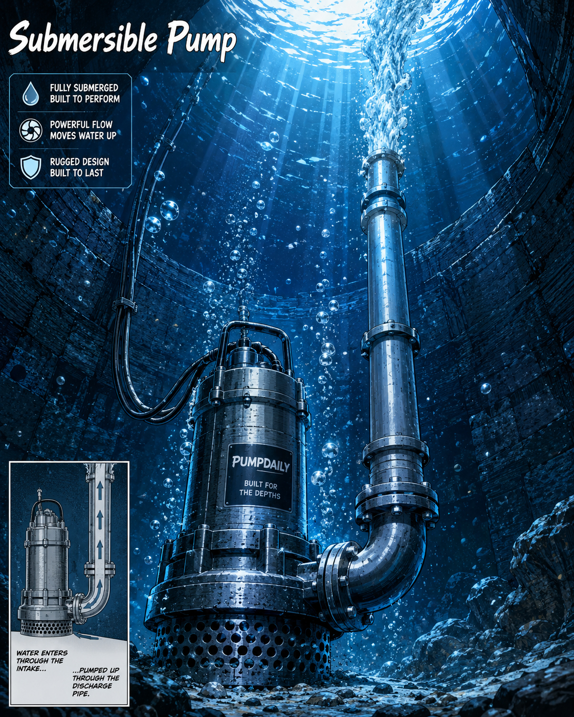 Submersible pump working underwater