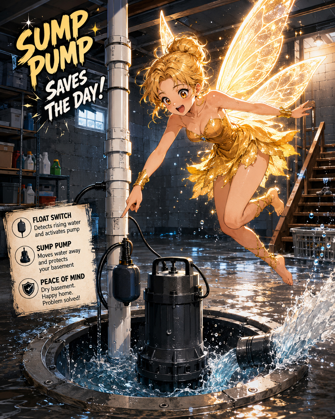 Float switch fairy helping a sump pump stop a basement flood