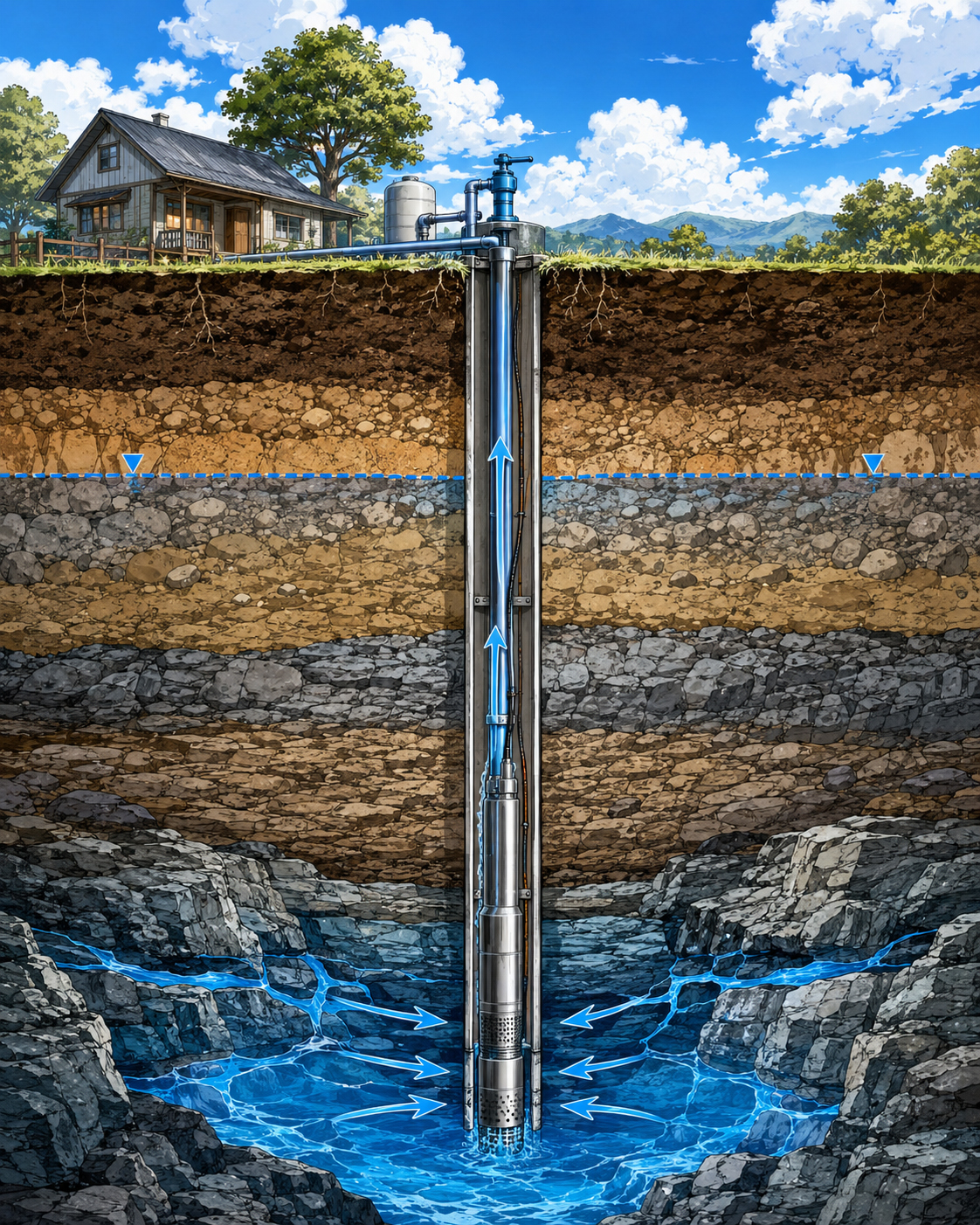 Deep earth cutaway showing a well pump system